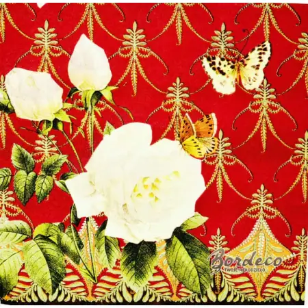 Serwetka do decoupage białe róże na tle bordowej tapety 33x33 Atelier Unikat